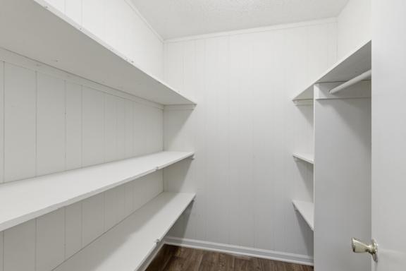 A white pantry with shelves and a door.