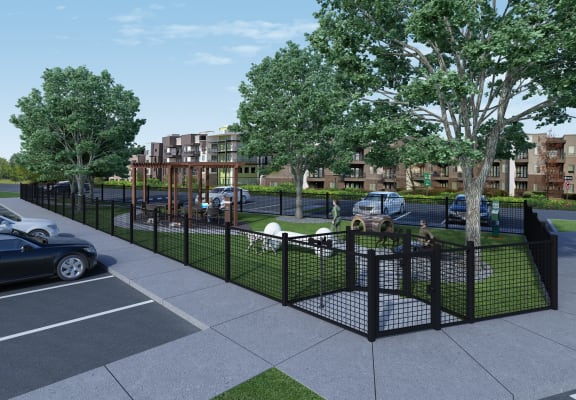 a rendering of a park with a dog park and cars parked in the parking lot