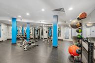 A gym with a variety of equipment and a row of exercise balls on the right.