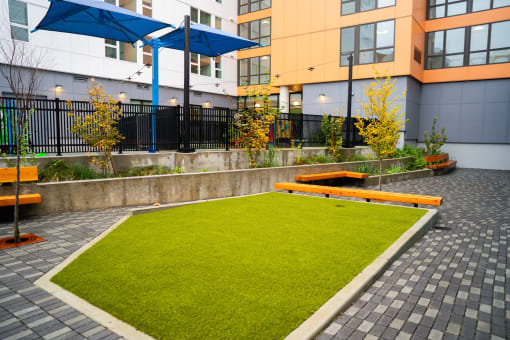 a courtyard with benches and grass in front of a building