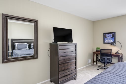 a bedroom with a tv and a desk with a chair