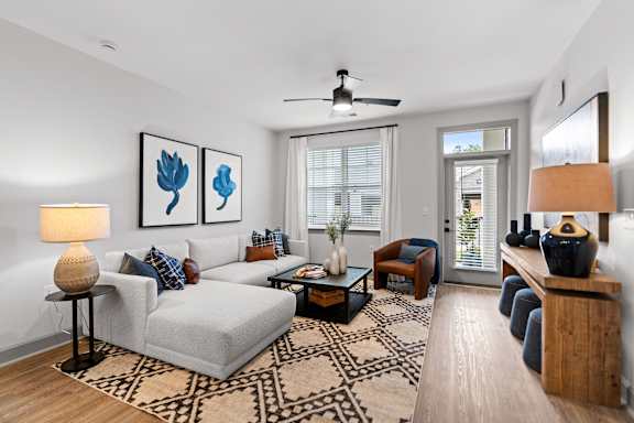 A living room with a grey couch, a coffee table, and a rug.