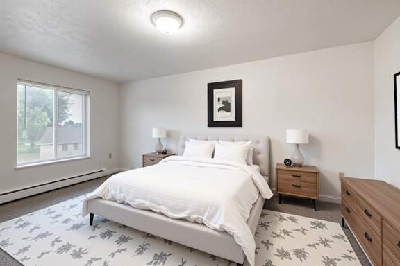 A bedroom with a large bed, two nightstands, and a framed picture on the wall.
