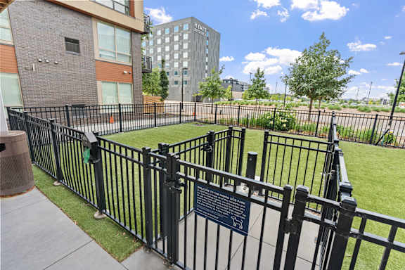 A black metal fence surrounds a green lawn.