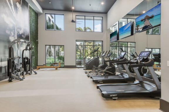 the gym with treadmills and windows at the estates at johnsons crossing