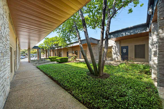 A tree in a planter is the only thing separating a sidewalk from a building.