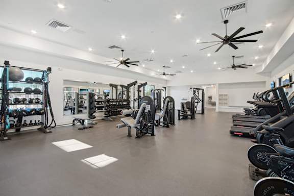 a gym with a lot of weights and exercise equipment at The Maddox Luxury Apartment Homes, Arizona, 85326