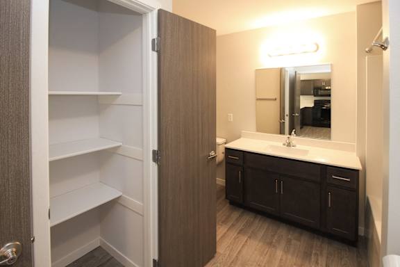 A bathroom with a vanity and medicine cabinet.