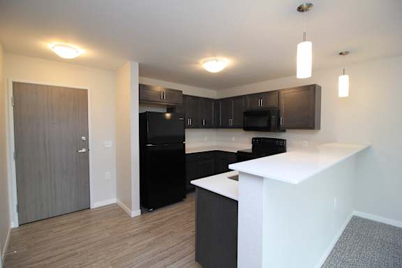 A kitchen with black appliances and brown cabinets.