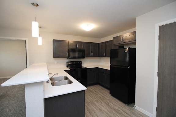 A kitchen with black appliances and a white counter.