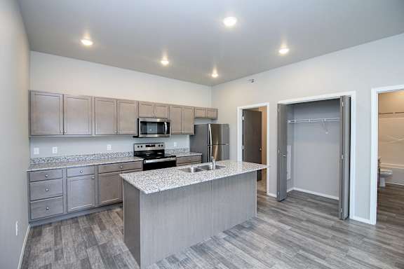 A kitchen with a counter top and cabinets.
