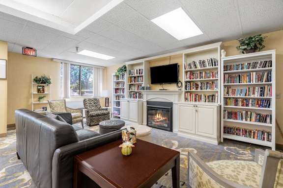 a living room with a fireplace and book shelves