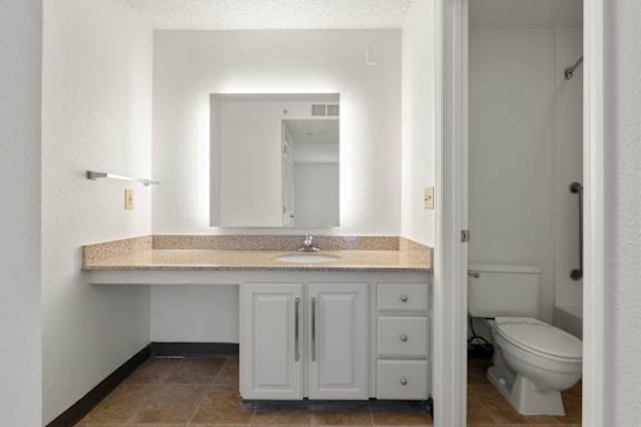 A bathroom with a sink, toilet, and mirror. at AVIA Lofts on Parkway, Washington