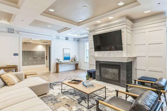 Room with Fireplace at AVIA Apartments On Alpha, Dallas, Texas