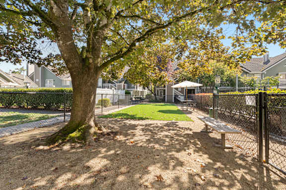 a park with a tree and a bench in front of a fence at AVIA Lofts on Parkway, Vancouver, Washington