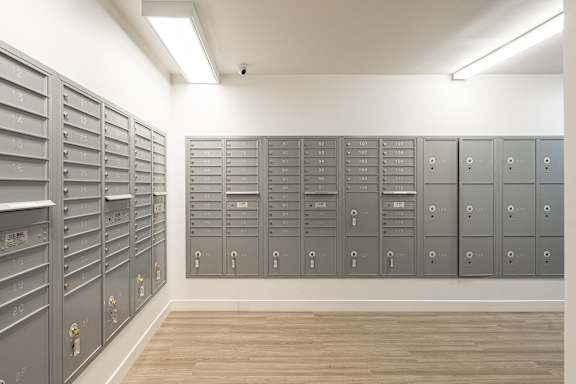 A row of grey mailboxes are lined up on a wall. at AVIA Lofts on Victors Way, Ann Arbor