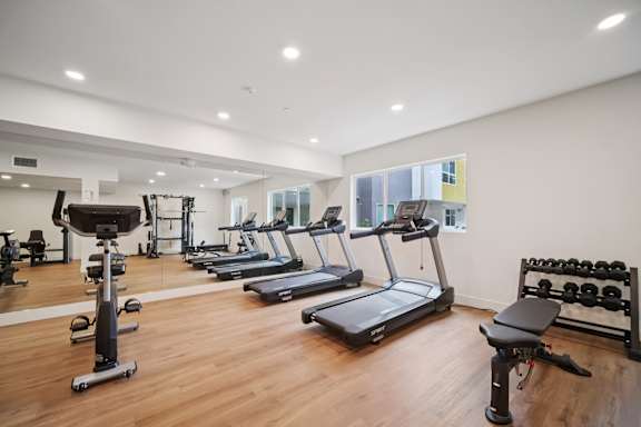 A spacious gym with treadmills, exercise bikes, and dumbbells.