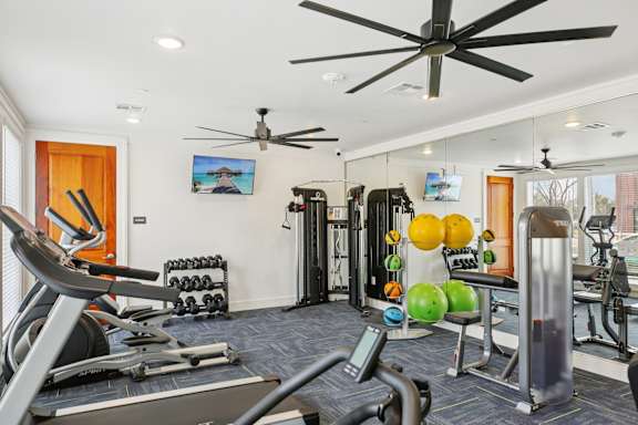 Gym with ceiling fan at Harrisburg Lofts, Houston, 77003