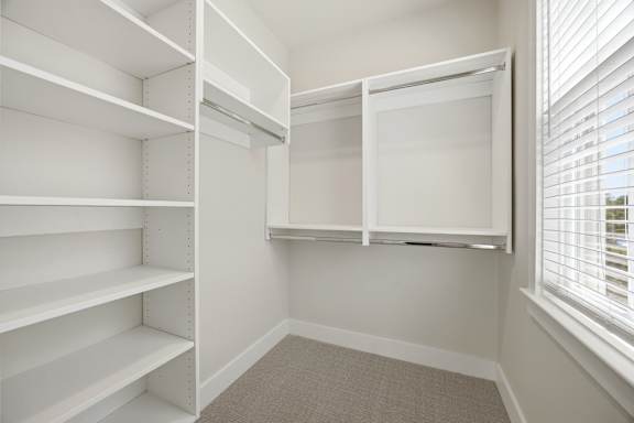 A white closet with shelves and a window with blinds.