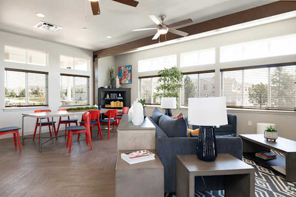 A living room with a grey couch and a white lamp.