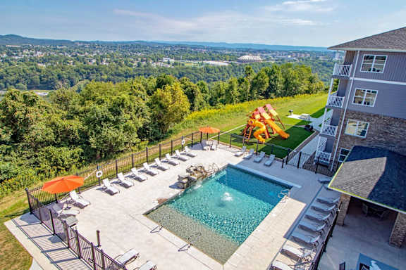 Aerial view of pool at Heights at Black Bear Apartments, Morgantown, West Virginia
