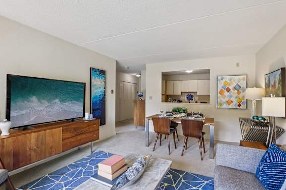 A modern living room with a television, a couch, and a potted plant.