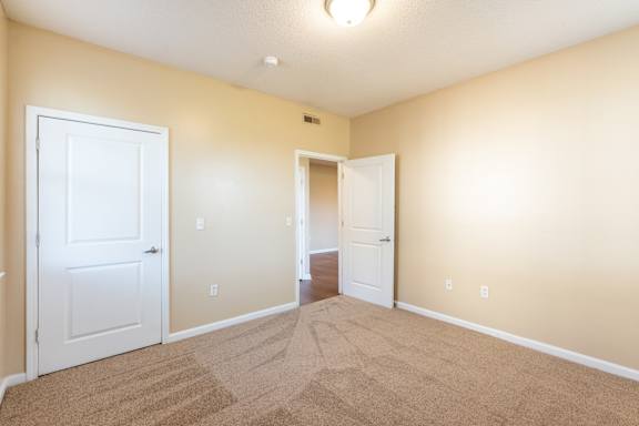 A room with two white doors and carpeted floor.