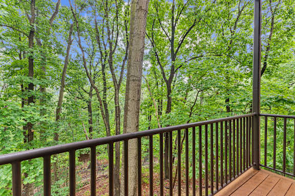 A deck with a railing overlooks a forest.