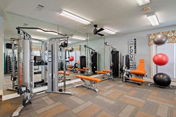 A gym with a variety of equipment including a squat rack, bench, and ball.
