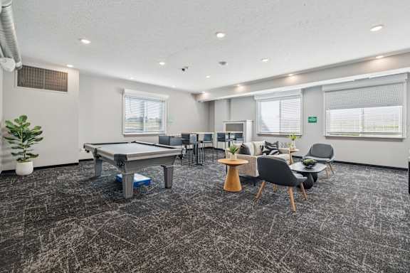 A room with a pool table, chairs, and a potted plant.