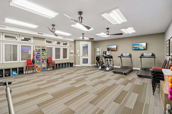 A gym with treadmills, exercise bikes, and other equipment.