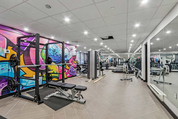 A gym with a variety of equipment and a colorful mural on the wall.