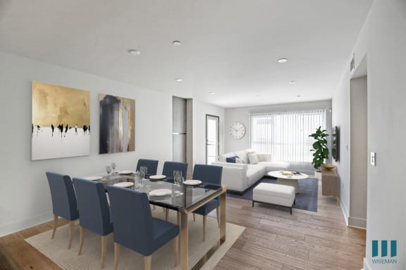 a rendering of a living room with a dining table and chairs