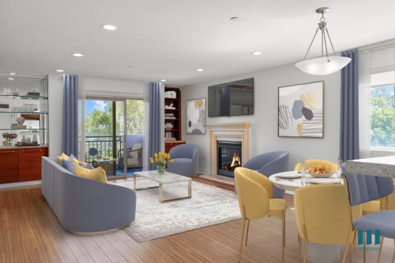 a living room with a fireplace and a dining room in the background