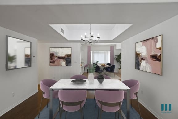 a dining room with a marble table and pink chairs