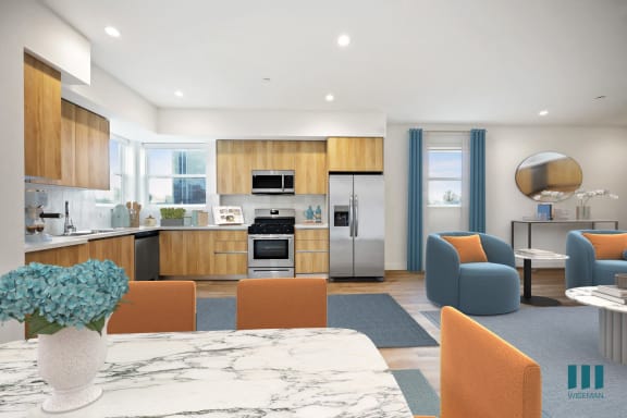 a kitchen with stainless steel appliances and white cabinets