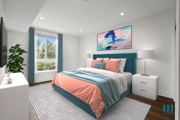 a bedroom with a large bed and a doorway to a bathroom