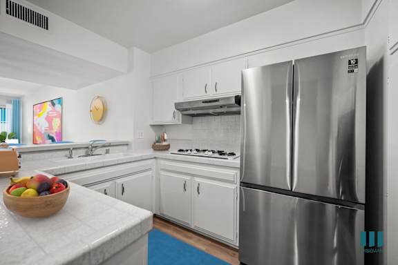 a white kitchen with stainless steel appliances and a blue rug