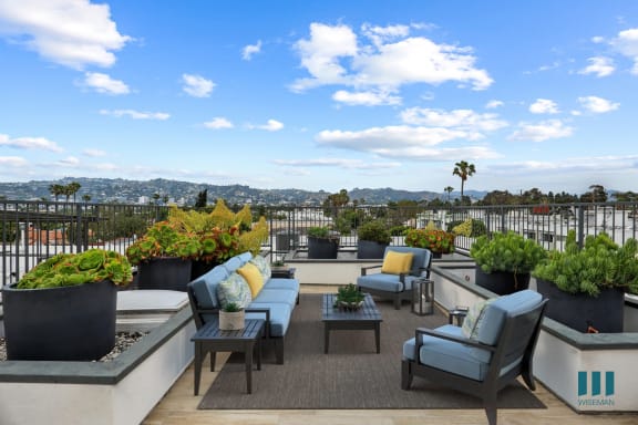 a terrace with blue and yellow chairs and plants