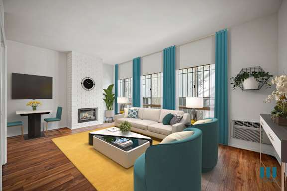 a living room with a blue couch and a coffee table
