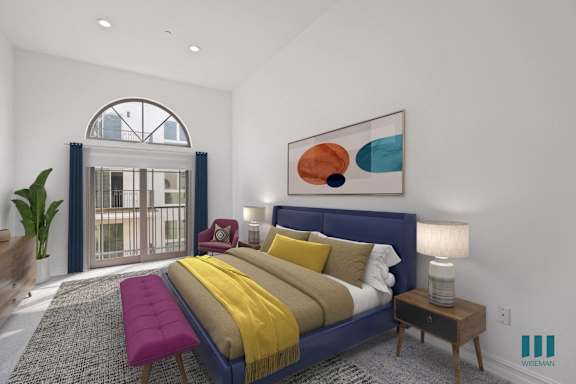 a living room with a blue couch and a coffee table