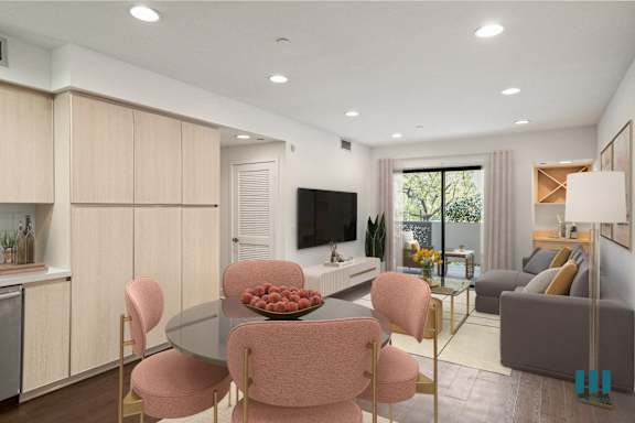 A modern dining room with a glass table and pink chairs.