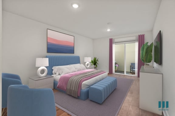 a living room with a couch and a table  and a bed