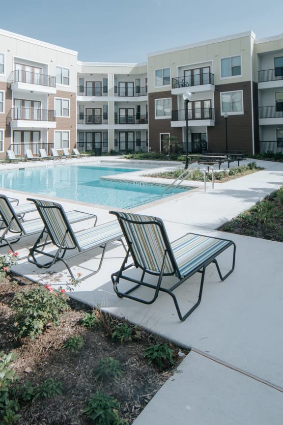 a swimming pool with chaise lounge chairs and a palm tree in front of an apartment building