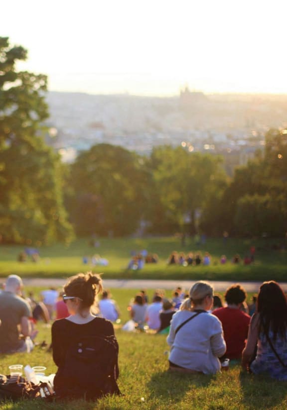 a group of people sitting on the grass in a park