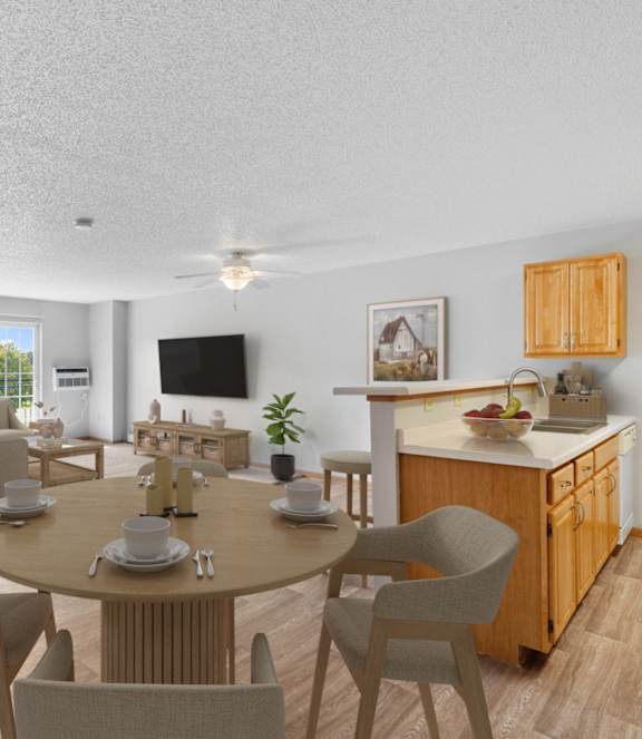 A modern kitchen with white appliances and wooden cabinets.