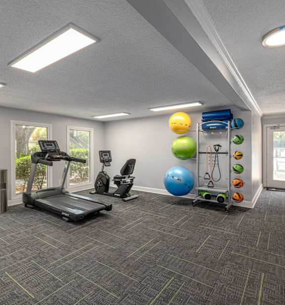 A spacious gym with a treadmill, exercise balls, and other equipment.