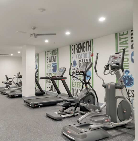 A gym with a variety of exercise equipment including treadmills, stationary bikes, and weight machines.