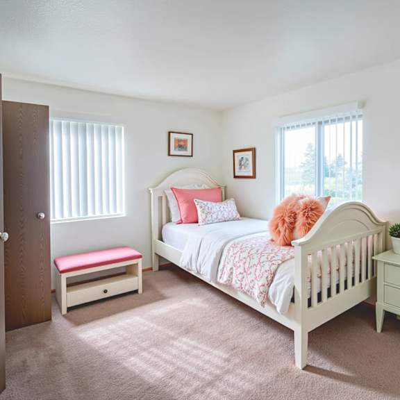 a white bedroom with a large bed and a window