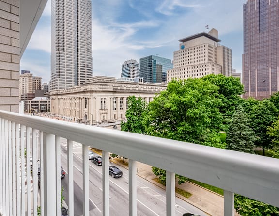 the view of the city from the balcony at The Whit Apartments in Indianapolis, IN 46204